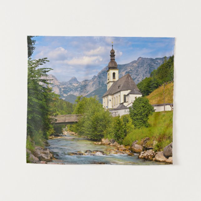 Mountain church with stream landscape tapestry (Front (Horizontal))