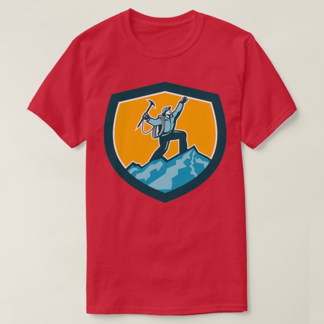 Mountain Climber Reaching Summit Retro Shield T-Shirt (Design Front)