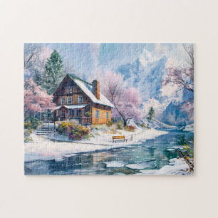 Mountain Cottage in Spring with Blossoms Jigsaw Puzzle