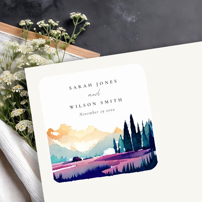 Mountain Country Lilac Fields Landscape Wedding Square Paper Coaster (Creator Uploaded)