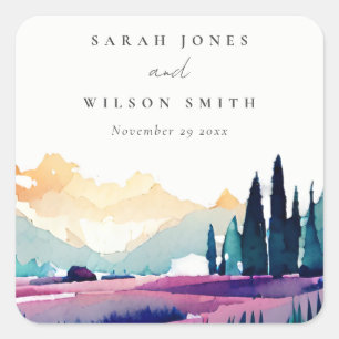 Mountain Country Lilac Fields Landscape Wedding Square Sticker