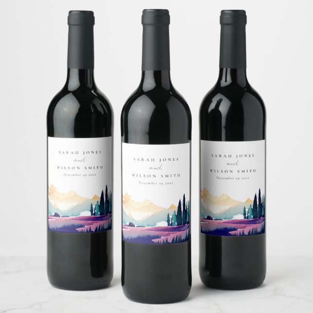 Mountain Country Lilac Fields Landscape Wedding Wine Label (Bottles)