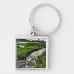 Mountain creek descends through meadow towards key ring