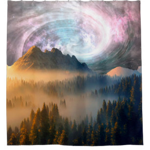 MOUNTAIN DAWN FOREST GALAXY STYLE BACKGROUND SHOWER CURTAIN