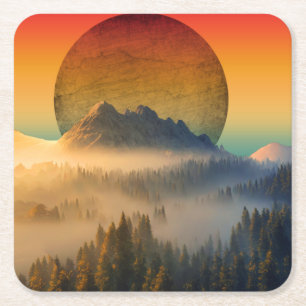 MOUNTAIN DAWN FOREST NATURE SUNSET LANDSCAPE  SQUARE PAPER COASTER