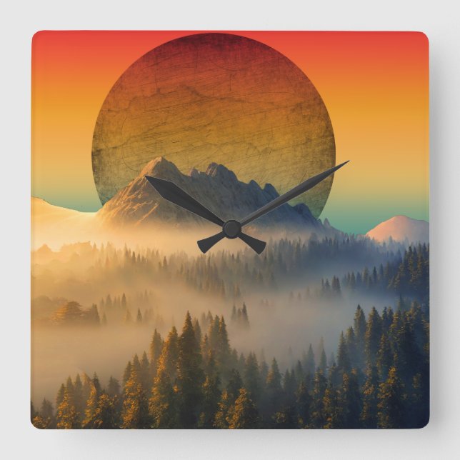 MOUNTAIN DAWN FOREST NATURE SUNSET LANDSCAPE  SQUARE WALL CLOCK (Front)