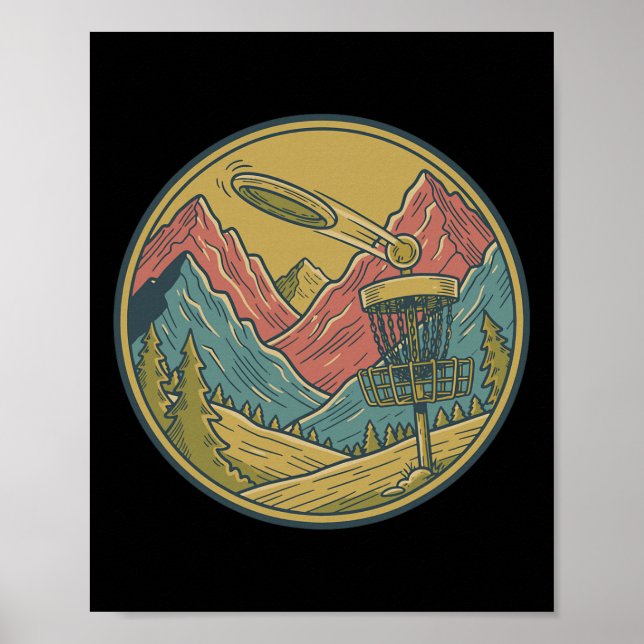Mountain Disc Golf Scene Flying Disc Basket Frisbe Poster (Front)