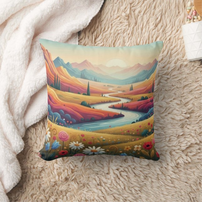 Mountain Dreamscape: Valley of Vibrant Bloom Cushion (Blanket)