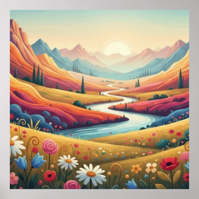 Mountain Dreamscape: Valley of Vibrant Bloom Poster (Front)