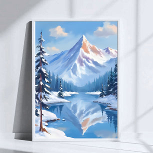 Mountain Escape   Winter Snow Watercolor Nature Poster