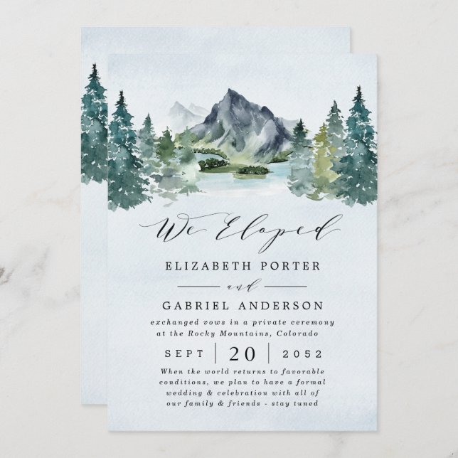 Mountain Evergreen Rustic Trees Wedding Elopement Invitation (Front/Back)