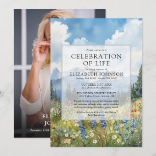 Mountain Floral Celebration of Life Funeral Photo Invitation
