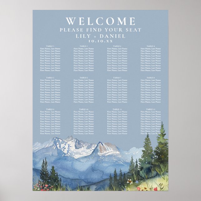 Mountain Floral Dusty Blue Wedding Seating Chart (Front)