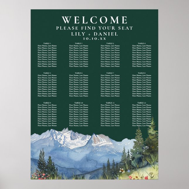 Mountain Floral Emerald Wedding Seating Chart (Front)
