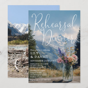 Mountain Floral Mason Jar Photo Rehearsal Dinner Invitation