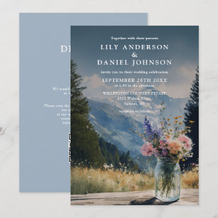 Mountain Floral Mason Jar QR Code Wedding Invitation