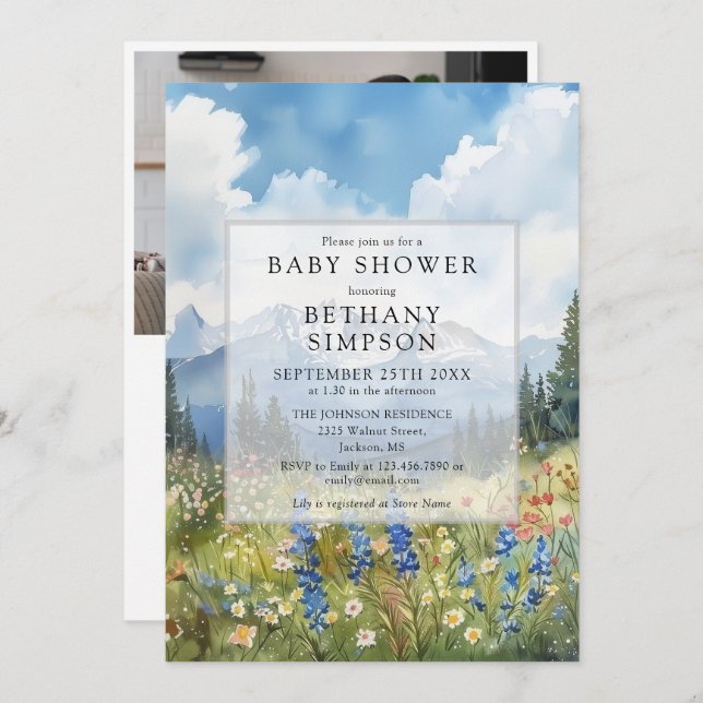 Mountain Floral Meadow Photo QR Code Baby Shower Invitation (Front/Back)