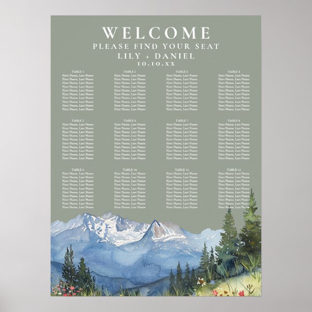 Mountain Floral Sage Green Wedding Seating Chart (Front)