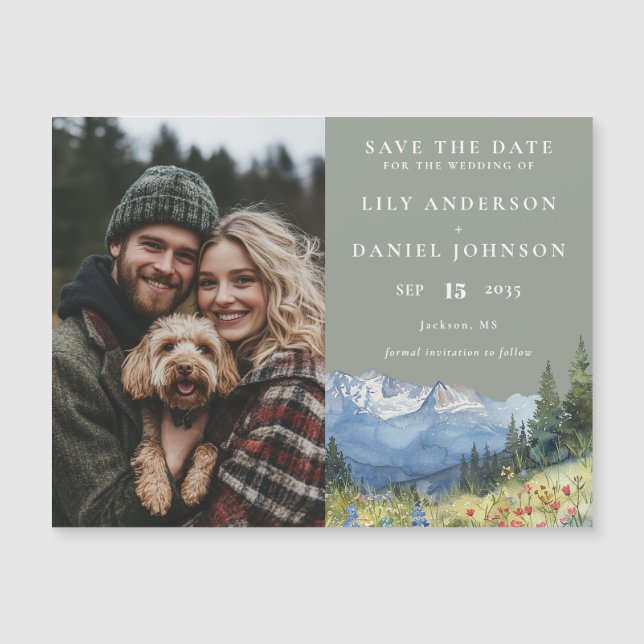 Mountain Floral Sage Photo Wedding Save The Date Magnetic Invitation (Front)