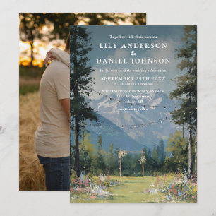 Mountain Floral String Lights Wedding Photo Invitation