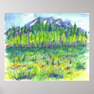 Mountain Flower Meadow Trees Watercolor Painting Poster