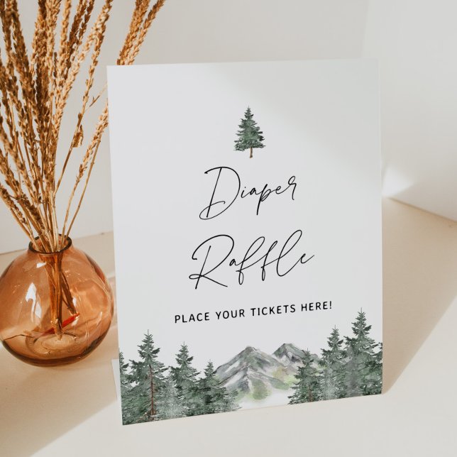 Mountain Forest Baby Shower Diaper Raffle Ticket Pedestal Sign (Creator Uploaded)
