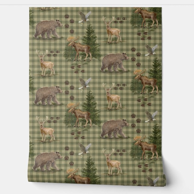 Mountain Forest Bear Deer Moose Eagle Watercolor Wallpaper (Unrolling)