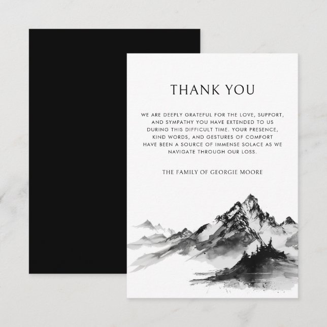 Mountain Forest Black Funeral Sympathy Memorial Thank You Card (Front/Back)