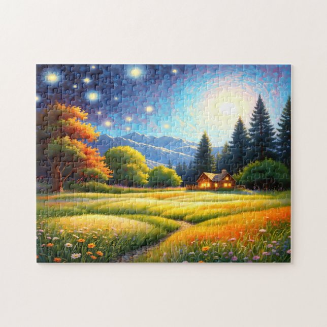 Mountain Forest Cabin Art Jigsaw Puzzle (Horizontal)