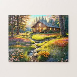 Mountain Forest Cabin Art Jigsaw Puzzle