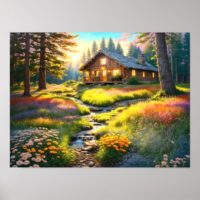 Mountain Forest Cabin Art Poster (Front)