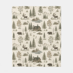 Mountain Forest Cabin Bear Moose Great Outdoors Fleece Blanket