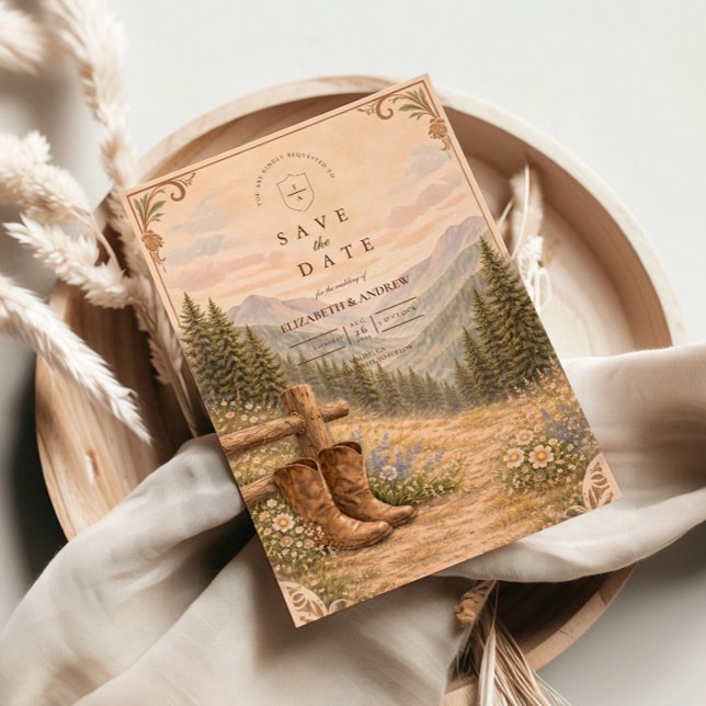 Mountain Forest Cowboy Boots Wedding Save The Date (Creator Uploaded)