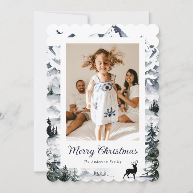 Mountain Forest Deer Photo Merry Christmas Card (Front)