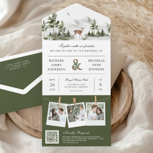 Mountain Forest Deer QR Code Photo Collage Wedding All In One Invitation