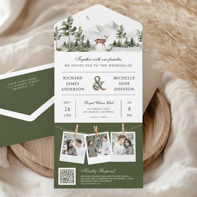 Mountain Forest Deer QR Code Photo Collage Wedding All In One Invitation (Creator Uploaded)