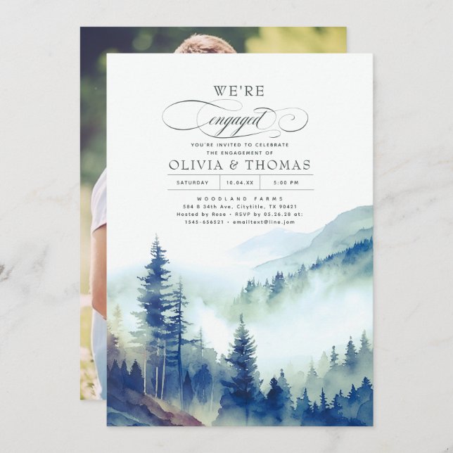 Mountain Forest Fog Evening Engagement Party Photo Invitation (Front/Back)