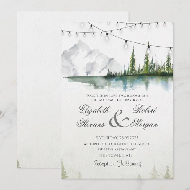 Mountain,Forest,Lake,String Lights Chic Wedding   Invitation (Front/Back)