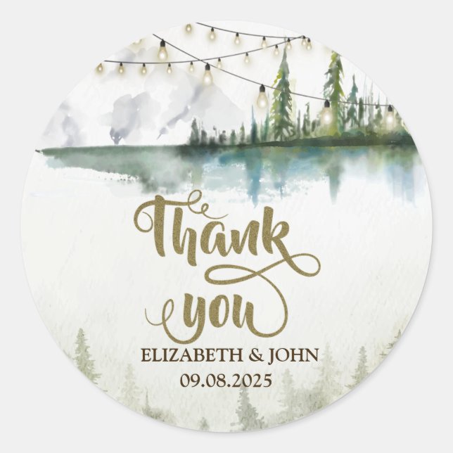 Mountain,Forest,Lake,String Lights Thank You Classic Round Sticker (Front)