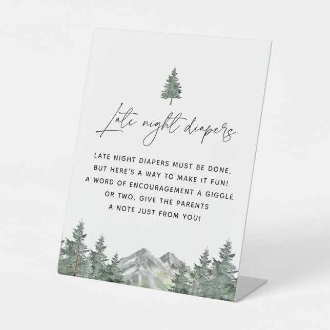 Mountain Forest Late Night Diapers Baby Shower Pedestal Sign (Front)