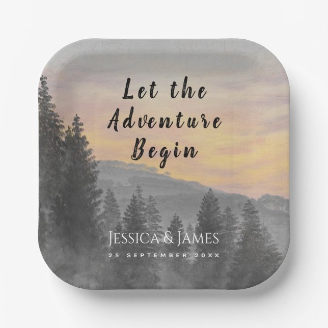 Mountain Forest Let the Adventure Begin Wedding Paper Plate (Front)
