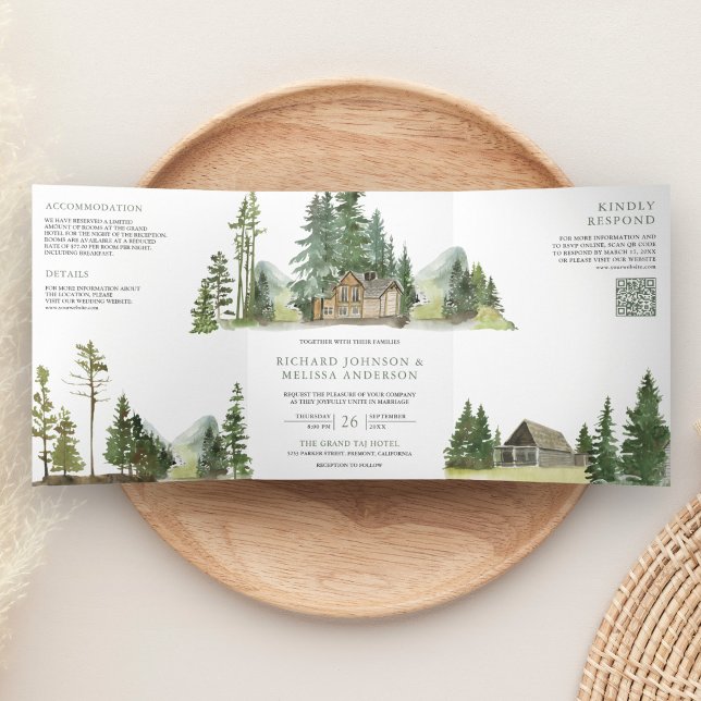Mountain Forest Lodge Log Cabin QR Code Wedding Tri-Fold Invitation (Creator Uploaded)