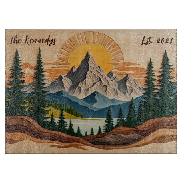 Mountain Forest Personalised Family Glass Cutting Board (Front)