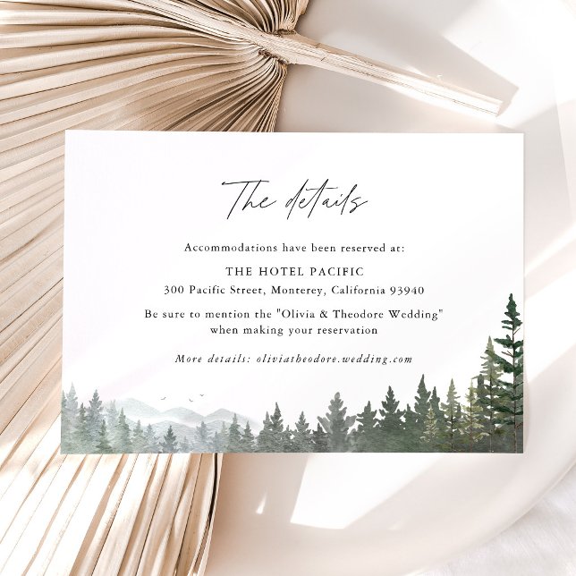 Mountain Forest Pine Wedding Hotel Details Enclosure Card (Mountain forest wedding details card, sage green pine wedding stationery, neutral park hotel card)