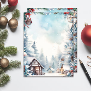 Mountain Forest Snowy Log Cabins Christmas Custom Letterhead