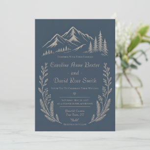 Mountain Forest Themed Navy Blue Floral Wedding Invitation