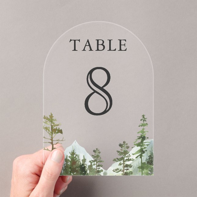 Mountain Forest Trees Wedding Acrylic Table Number (Insitu (Handheld))