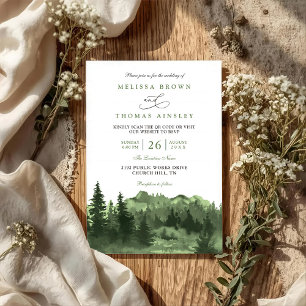 Mountain Forest Watercolor Rustic QR Code Wedding Invitation