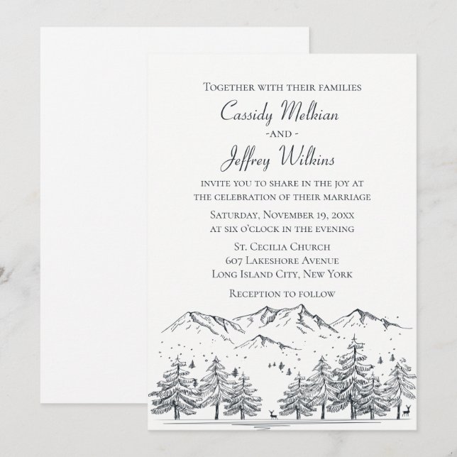 Mountain Forest Wedding Black White Country Rustic Invitation (Front/Back)