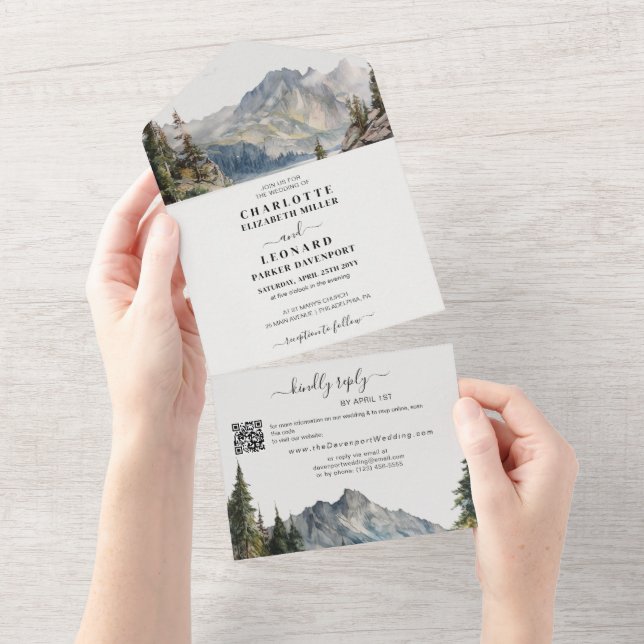 Mountain Forest Wedding Qr code Rsvp All In One Invitation (Tearaway)